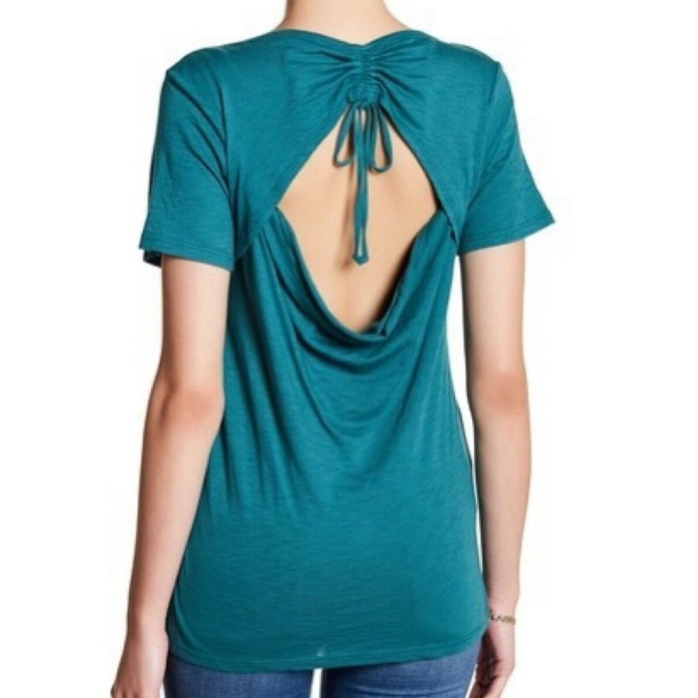 NWT MELROSE and MARKET Short Sleeve Drawstring Back Top Teal Pacific S
